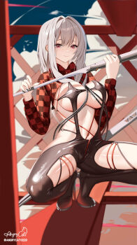1girl absurdres angrycat_(tkuw2438) bodysuit breasts brown_eyes checkered_clothes closed_mouth clothing_cutout goddess_of_victory:_nikke grey_hair high_heels highres large_breasts latex latex_bodysuit long_hair long_sleeves looking_at_viewer navel official_alternate_costume red_shrug scarlet_(nikke) scarlet_(racer's_high)_(nikke) shrug_(clothing) skin_tight smile solo stellar_blade stomach strap sword weapon