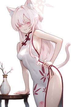 1girl akira_(blue_archive) animal_ear_fluff animal_ears armpits bare_arms bare_shoulders blue_archive breasts cat_ears cat_girl cat_tail china_dress chinese_clothes colored_eyelashes contrapposto dress floral_print flower halo hand_on_own_hip highres light_smile long_hair looking_at_viewer mellow_(srpp4843) pink_eyes pink_hair pink_halo sideboob sidelocks solo table tail thighs vase white_dress white_eyelashes wide_ponytail