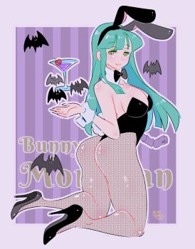 1girl alternate_costume arm_at_side artist_logo ass bat_(animal) black_bow black_bowtie black_leotard black_pantyhose black_shoes bow bowtie capcom closed_mouth collar cup darkstalkers detached_collar dot_nose eyebrows_hidden_by_hair female_focus fishnet_pantyhose fishnets from_behind green_hair half-closed_eyes hand_up high_heels highres huge_ass kneeling leotard logo long_hair morrigan_aensland naughty_face pantyhose purple_background shoes simple_background smile solo strapless strapless_leotard telekinesis twisted_torso white_collar wrist_cuffs y.o_(chuchu) yellow_eyes