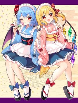 2girls alternate_costume apron bat_wings black_sandals blonde_hair blue_hair blue_kimono blue_sash blue_skirt bow closed_mouth commentary_request crystal crystal_wings dango egasumi flandre_scarlet floral_print floral_print_kimono food frilled_skirt frills hair_bow highres holding holding_hands holding_skewer interlocked_fingers japanese_clothes kimono letterboxed long_sleeves looking_at_viewer maid maid_apron maid_headdress multicolored_wings multiple_girls obi one_eye_closed one_side_up open_mouth pink_kimono print_kimono red_bow red_eyes remilia_scarlet rose_print ruhika sandals sanshoku_dango sash siblings sisters skewer skirt smile socks tabi touhou wa_maid wagashi watermark white_apron white_socks wide_sleeves wing_ornament wings yellow_sash