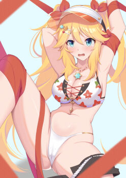 1girl armor armpits arms_up bikini blonde_hair blue_eyes breasts cross-laced_bikini cross-laced_clothes floral_print hair_ornament hairpin high-waist_bikini iseshi jewelry knee_up large_breasts layered_bikini long_hair multiple_hairpins necklace ninon_(princess_connect!) ninon_(summer)_(princess_connect!) open_mouth princess_connect! ribbon shorts shorts_around_one_leg star_(symbol) star_necklace swimsuit twintails very_long_hair white_bikini