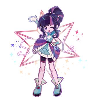 Rule 34 | 1girl, ;d, animification, arm up, ascot, bike shorts, blue dress, blue shoes, chinese commentary, colored skin, commentary request, cutie mark, dress, equestria girls: rainbow rocks, gloves, hair bun, hand on own hip, highres, kandaoworangwoquxuexi93362, layered skirt, looking at viewer, multicolored hair, my little pony, my little pony: equestria girls, my little pony: friendship is magic, official alternate costume, official alternate hairstyle, one eye closed, open mouth, purple hair, purple skin, sample watermark, shoes, simple background, single hair bun, skirt, smile, solo, sparkle, streaked hair, twilight sparkle, twilight sparkle (human), watermark, white ascot, white background, white gloves