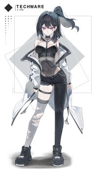 1girl absurdres asymmetrical_clothes asymmetrical_legwear bare_shoulders belt black_choker black_hair black_pants black_shoes breasts choker closed_mouth collar covered_navel full_body grey_thighhighs highres huu_(dighapdlxm12) jacket leash leotard long_hair long_sleeves looking_at_viewer medium_breasts off_shoulder open_clothes original pants ponytail purple_eyes see-through_clothes shoes single_pantsleg single_thighhigh solo standing strapless thigh_strap thighhighs torn_clothes torn_pants white_jacket