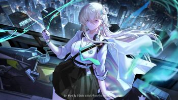 1girl aqua_necktie black_skirt blonde_hair breasts chinese_commentary closed_mouth commentary_request earrings hair_between_eyes highres holding id_card jacket jewelry long_hair looking_at_viewer lynae_(wuthering_waves) medium_breasts necktie night purple_eyes shale shirt skirt solo star_(symbol) star_earrings white_jacket white_shirt wuthering_waves