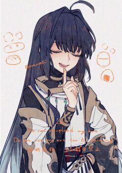 1other ahoge black_hair black_hakama bread closed_eyes commentary_request fate/samurai_remnant fate_(series) finger_to_mouth food hakama highres imomushi japanese_clothes jewelry long_hair long_sleeves nagatekkou necklace onigiri open_mouth rice upper_body wide_sleeves yamato_takeru_(fate) yamato_takeru_(third_ascension)_(fate)