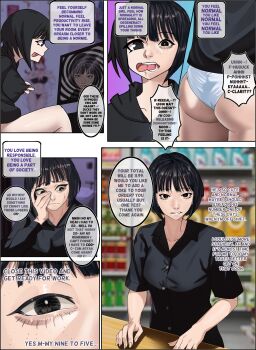 1girl aegyo_sal ass black_eyes black_hair black_hoodie black_shirt bob_cut breasts character_transformation clare_(erasethismail) commentary english_commentary english_text erasethismail freckles highres hood hoodie hypnosis medium_breasts mind_control nipple_stimulation nipple_tweak no_pants original panties shirt solo speech_bubble sweatdrop tongue tongue_out transformation tweaking_own_nipple underwear white_panties