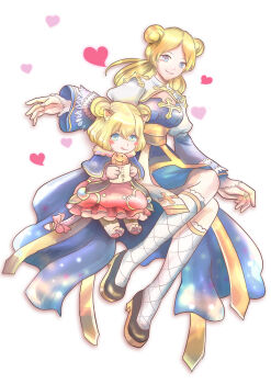 Rule 34 | 2girls, animal ears, arch bishop (ragnarok online), black shoes, blonde hair, blue capelet, blue dress, blue eyes, capelet, cat ears, cat girl, cat tail, cleavage cutout, clothing cutout, commentary request, cross, double bun, dress, fishnet socks, fishnets, food, full body, hair bun, heart, juliet sleeves, long hair, long sleeves, multiple girls, philippa, pink dress, puffy sleeves, ragnarok online, sash, shoes, short hair, simple background, smile, socks, summoner (ragnarok online), tail, taiyaki, two-tone dress, wagashi, white background, white dress, white socks, yellow sash