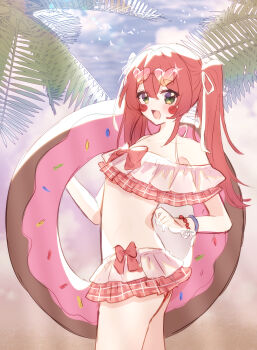 absurdres bikini blush bow bracelet circus_baby_(fnaf) coconut_tree donut five_nights_at_freddy&#039;s five_nights_at_freddy&#039;s:_sister_location food frills green_eyes highres jewelry leaf palm_tree red_hair ribbon smile sunglasses swim_ring swimsuit tree tropical