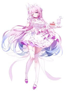 1girl ;) absurdres alternate_costume breasts cake cake_slice center_frills commentary_request crazy_straw cup cyrene_(demiurge)_(honkai:_star_rail) cyrene_(honkai:_star_rail) diamond-shaped_pupils diamond_(shape) dress drinking_glass drinking_straw flower food frills full_body garter_straps gradient_hair half-heart_hands heart_straw hi_i_dubu highres holding holding_tray honkai:_star_rail honkai_(series) korean_commentary large_breasts long_hair looking_at_viewer maid_headdress multicolored_hair one_eye_closed pink_flower pink_hair pointy_ears purple_eyes purple_hair purple_shoes shoes simple_background smile solo symbol-shaped_pupils thighhighs thighs tray very_long_hair white_background white_dress white_garter_straps white_thighhighs