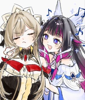 Rule 34 | 2girls, bare shoulders, black collar, black hair, black sleeves, bonnet, brown hair, closed eyes, closed mouth, collar, columbina (genshin impact), crossed arms, detached collar, detached sleeves, dress, from side, frown, genshin impact, grabbing another's arm, hair ornament, hair ribbon, hashtag-only commentary, head wings, headdress, huffing, long hair, long sidelocks, long sleeves, mochimochi onigiri, multicolored hair, multiple girls, multiple wings, music, musical note, open mouth, purple eyes, purple hair, purple streaks, ribbon, sandrone (genshin impact), short hair with long locks, sidelocks, simple background, singing, smile, streaked hair, tsundere, two-tone hair, unusually open eyes, very long hair, white background, white dress, white headdress, white wings, wing hair ornament, wings