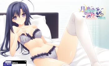 1girl absurdres ahoge bed black_hair bra breasts cameltoe cleavage female_focus hair_ornament hairclip highres looking_at_viewer lying navel official_art on_back ookura_lumine panties purple_eyes small_breasts solo strapless strapless_bra suzuhira_hiro thighhighs tsuki_ni_yorisou_otome_no_sahou tsuki_ni_yorisou_otome_no_sahou_2 underwear underwear_only