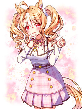 1girl ahoge animal_ears belt blonde_hair blush breasts casual fingernails fusaichi_pandora_(umamusume) hair_between_eyes hair_ornament highres horse_girl jewelry long_hair looking_at_viewer medium_breasts necklace open_mouth red_eyes simple_background sugimotty_nova umamusume v