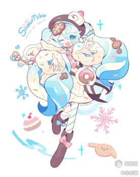 1girl ;d absurdres asymmetrical_legwear blue_bow blue_dress blue_eyes blue_hair blue_pantyhose boots bow brown_boots brown_hat character_name cookie_hair_ornament cupcake diagonal-striped_pantyhose double-parted_bangs dress food food-themed_hair_ornament footwear_bow full_body hair_between_eyes hair_ornament hat hatsune_miku highres long_hair long_sleeves looking_at_viewer meimei_(wakamoid) mihuashi_username mismatched_legwear musical_note-themed_food necktie one_eye_closed open_mouth outstretched_arms pantyhose pink_bow pink_necktie pink_pantyhose rabbit rabbit_yukine simple_background smile snowflakes sparkle standing standing_on_one_leg striped_clothes striped_pantyhose vocaloid white_background wide_sleeves yuki_miku yuki_miku_(2026)