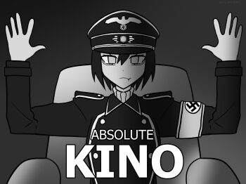 Rule 34 | 1girl, absolute cinema (meme), armband, artist name, english text, fang, greyscale, hands up, koalakanru, looking at viewer, meme, military uniform, monochrome, nazi, original, reichsadler, sitting, solo, sven hoffmann, swastika, waffen-ss