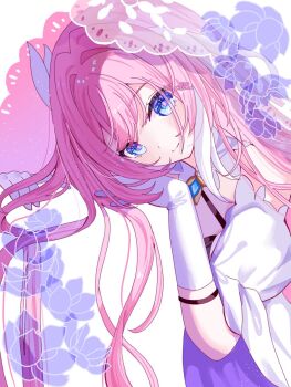 1girl blue_eyes bridal_veil commentary dress elysia_(honkai_impact) english_commentary gloves highres hitsuki_(ruon) honkai_(series) honkai_impact_3rd long_hair looking_at_viewer multicolored_hair pink_hair purple_dress smile solo two-tone_hair veil very_long_hair white_gloves white_hair