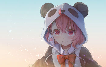 1girl ahoge animal_hood black_sleeves blush bow bowtie closed_mouth collared_shirt commentary_request crossed_bangs double-parted_bangs earrings gradient_background hair_between_eyes haniwa_(leaf_garden) highres hood hood_up jacket jewelry letterman_jacket long_sleeves mole mole_under_eye nijisanji panda_hood pink_eyes pink_hair raglan_sleeves red_bow red_bowtie sasaki_saku sasaki_saku_(1st_costume) shirt short_hair single_hair_streak smile solo upper_body virtual_youtuber white_jacket white_shirt white_streaks