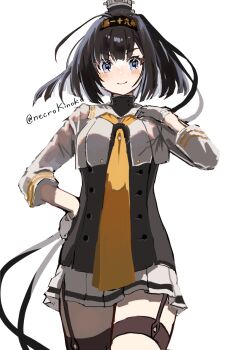 Rule 34 | 1girl, absurdres, akizuki (kancolle), akizuki kai ni (kancolle), black hair, black headband, commentary request, corset, garter straps, grey eyes, hand on own chest, hand on own hip, headband, headgear, highres, kantai collection, long hair, neckerchief, orange neckerchief, pleated skirt, ponytail, sailor collar, sailor shirt, sakura-konoha, shirt, skirt, solo, white shirt, white skirt