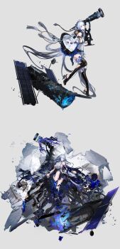 Rule 34 | 1girl, absurdres, bare shoulders, black dress, black footwear, blue eyes, blue gloves, blue hair, boots, breasts, clothing cutout, darkstar hubble (neural cloud), dress, elbow gloves, faux figurine, floating hair, from side, full body, girls' frontline, girls' frontline neural cloud, gloves, grey background, high heels, highres, hubble (neural cloud), incredibly absurdres, jacket, large breasts, leg up, long hair, multiple views, official art, porafree, satellite, shards, short dress, side cutout, sideboob, standing, standing on one leg, telescope, thigh boots, two-tone dress, very long hair, white dress, white jacket