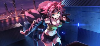 1girl artist_request backlighting bare_shoulders black_jacket black_shorts black_thighhighs blue_eyes breasts city cleavage cloud code_geass code_geass:_lost_stories collarbone cowboy_shot crop_top dressing dutch_angle female_focus game_cg gradient_sky groin hair_flaps hair_intakes hand_up headband highres jacket kouzuki_kallen large_breasts long_sleeves looking_at_viewer mountainous_horizon navel night non-web_source official_art open_mouth outdoors purple_sky putting_on_jacket red_hair red_headband shipping_container shirt short_hair short_shorts shorts sidelocks sky sleeveless sleeveless_shirt solo spaghetti_strap standing stomach thighhighs thighs undershirt v-shaped_eyebrows warehouse yellow_shirt