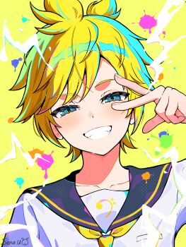 aqua_eyes bass_clef black_sailor_collar blonde_hair colorful fangs grin head_tilt highres kagamine_len light_blush looking_at_viewer male_focus neckerchief portrait sailor_collar shirt smile solo uzuki_sena v v_over_eye vocaloid white_shirt yellow_neckerchief