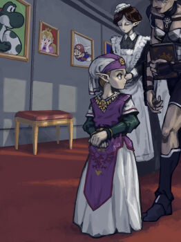 3girls absurdres apron blonde_hair book brown_hair closed_eyes dress gus_uur hallway hat headdress highres holding holding_book impa indoors looking_to_the_side maid mario mario_(series) multiple_girls nintendo painting_(object) pointy_ears princess_peach princess_zelda smile super_mario_64 tabard the_legend_of_zelda the_legend_of_zelda:_ocarina_of_time wimple wing_mario yoshi young_zelda