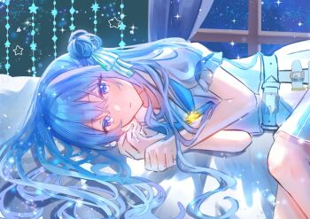 1girl blue_eyes blue_hair hair_bun hashtag-only_commentary highres hololive hoshimachi_suisei indoors long_hair lying on_bed on_side rikako0229 shirt solo virtual_youtuber white_shirt