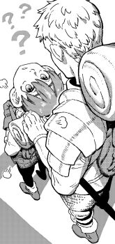 2boys ? armor backpack bag belt boots chainmail chilchuck_tims dungeon_meshi facing_another from_above from_behind gloves greyscale hair_between_eyes halfling hand_up height_difference highres ireading laios_touden leather_armor long_sleeves looking_at_another looking_up male_focus monochrome multiple_boys pants parted_lips pauldrons plate_armor puff_of_air queue scarf short_hair shoulder_armor standing vambraces