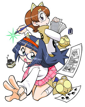 aina_(toranoana) animal_ears aqua_eyes black_eyes black_outline blouse blue-framed_eyewear blue_footwear blunt_bangs blunt_sidelocks bottle breasts bright_pupils brown_dress brown_fur brown_tail brown_trim calligraphy_brush collared_shirt colored_sclera cub dress eraser facing_to_the_side fake_animal_ears fingernails from_side full_body glasses glasses_kauberu_kotora green_outline hair_ornament hairband hairclip holding holding_calligraphy_brush holding_paintbrush holding_paper ink inkwell kauberu_kotora kneehighs light_brown_hair logo_print long_hair long_sleeves manga_(object) medium_breasts mukku_(mook-tv) necktie no_pupils official_art open_mouth outline paintbrush paper papers paw_print pink_necktie pink_sailor_collar pink_skirt plaid_clothes plaid_necktie plaid_skirt profile purple_eyes red_hairband sailor_collar second-party_source semi-rimless_eyewear shirt short_hair sidelocks simple_background skirt sleeve_cuffs smilo_(toranoana) socks spiked_hair straight_hair tiger tiger_ears tora_da_yo. toranoana very_long_hair white_background white_dress white_pupils white_shirt white_socks yellow_sclera