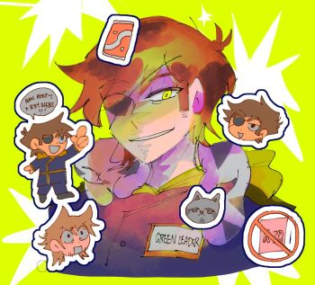 Rule 34 | 2boys, alternate universe, animification, blue coat, brown hair, burn scar, cat, chibi, chibi inset, coat, cola, commentary, cosplay, cropped torso, edd (eddsworld), eddsworld, english commentary, eyepatch, future tord (eddsworld), future tord (eddsworld) (cosplay), green background, green eyes, green hoodie, hair ears, hood, hood down, hoodie, looking at viewer, male focus, military uniform, multiple boys, name tag, one eye covered, peluituap, ringo (eddsworld), role reversal, scar, short hair, simple background, solo focus, surprised, tord (eddsworld)