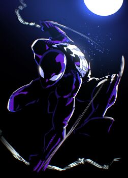 1boy absurdres animal_print black_background black_bodysuit black_theme bodysuit full_moon gradient_background highres isaacchief300 male_focus marvel mask moon moonlight motion_lines muscular muscular_male official_alternate_costume silk solo spider-man spider-man_(series) spider_print spider_web superhero_costume symbiote
