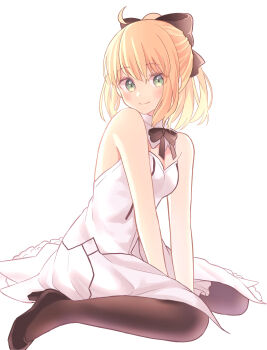 1girl absurdres ahoge artoria_pendragon_(fate) bad_id bad_pixiv_id between_legs black_bow black_footwear black_neckwear black_pantyhose blonde_hair bow breasts choker cleavage fate/unlimited_codes fate_(series) female_focus green_eyes hair_bow hand_between_legs high_heels highres looking_at_viewer lq_saku miniskirt pantyhose ponytail pump pumps saber_lily saber_lily_(third_ascension) short_hair simple_background sitting skirt sleeveless small_breasts smile solo strapless wariza white_background white_skirt