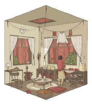 1girl analog_clock animal apple bag baguette barefoot bird black_hair book bread brown_bird brown_skirt bush chair clock coffee_mug commentary_request cup curtains desk_lamp diorama food forest from_behind fruit hanging_light highres indoors lamp limited_palette ma_(mamamauuuuu) mug nature open_book open_window original paper_bag pitcher_(container) pumpkin red_socks red_sweater shelf short_hair skirt skylight socks solo squirrel standing sweater table tree unworn_socks unworn_sweater vase white_sweater wide_shot window wooden_chair wooden_table