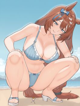 1boy 1girl animal_ears beach bikini blue_bikini blue_eyes breasts brown_hair cleavage collarbone commentary_request day gd146 giant giantess hair_between_eyes highres horse_ears horse_girl horse_tail large_breasts long_hair multicolored_hair navel ocean outdoors sand sandals smile squatting stomach streaked_hair super_creek_(umamusume) swimsuit t-head_trainer_(umamusume) tail trainer_(umamusume) umamusume very_long_hair white_hair