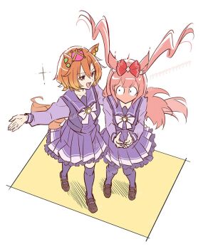 2girls agnes_digital_(umamusume) animal_ears blush bow bowtie breasts commentary_request crown domdam80 full-face_blush hair_between_eyes hair_bow horse_ears horse_girl horse_tail long_hair long_sleeves mini_crown multiple_girls open_mouth orange_hair orange_tail pink_crown pink_hair pleated_skirt purple_eyes purple_sailor_collar purple_serafuku purple_shirt purple_skirt purple_thighhighs red_bow sailor_collar sailor_shirt school_uniform serafuku shirt shoes short_hair skirt smile t.m._opera_o_(umamusume) tail thighhighs tracen_school_uniform umamusume white_bow white_bowtie