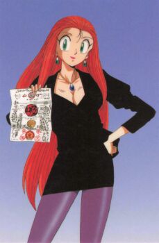 1990s_(style) 1girl bead_necklace beads blue_background breasts cleavage contrapposto cowboy_shot earrings ghost_sweeper_mikami green_eyes hand_on_own_hip holding holding_paper jewelry juliet_sleeves large_breasts lipstick long_hair long_sleeves looking_at_viewer makeup mikami_reiko necklace non-web_source official_art pantyhose paper puffy_sleeves purple_pantyhose red_hair red_lips retro_artstyle scan single_earring smile solo standing