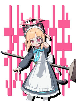 1girl :o absurdres animal_collar animal_ear_headphones animal_ears apron aqua_ribbon back_bow bell black_dress black_tail blonde_hair blue_archive blush bow broom cat_ear_headphones cat_ears cat_tail chinese_commentary chinese_text collar collared_dress commentary_request contrast_collar dress drop_shadow dsfr fake_animal_ears fake_tail frilled_apron frilled_dress frills hair_bow halo headphones highres holding holding_magnifying_glass leaning_to_the_side long_sleeves looking_at_viewer looking_through_magnifying_glass magnifying_glass maid_headdress momoi_(blue_archive) momoi_(maid)_(blue_archive) neck_bell neck_ribbon number_print official_alternate_costume official_alternate_hairstyle open_mouth pantyhose parted_bangs pink_eyes pink_halo puffy_long_sleeves puffy_sleeves red_bow red_collar ribbon shadow short_hair short_twintails sidelocks solo standing tail text_background twintails virtual_pet_(toy) white_apron white_background white_bow white_headdress white_pantyhose