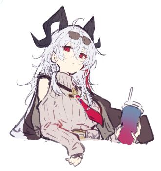 Rule 34 | 1girl, ahoge, bare shoulders, black-framed eyewear, black horns, black jacket, black nails, breasts, clothing cutout, commentary request, crossed bangs, cup, curled horns, disposable cup, drinking straw, earrings, eyewear on head, fingernails, grey sweater, hair between eyes, highres, holding, holding cup, horns, jacket, jewelry, lapels, long fingernails, long hair, long sleeves, looking at viewer, medium breasts, necktie, newtec729, one-hour drawing challenge, open clothes, open jacket, red eyes, red necktie, shoulder cutout, sidelocks, simple background, solo, star (symbol), star earrings, sunglasses, sweater, teeth, turtleneck, turtleneck sweater, upper body, white background, white hair, wuthering waves, zani (wuthering waves)