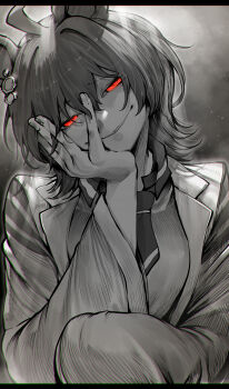 1girl absurdres agnes_tachyon_(tach-nology)_(umamusume) agnes_tachyon_(umamusume) ahoge animal_ears chromatic_aberration coat earrings fingernails glowing glowing_eyes greyscale hair_between_eyes half-closed_eyes hand_on_own_cheek hand_on_own_face head_tilt highres horse_ears horse_girl jewelry lab_coat letterboxed long_sleeves looking_at_viewer medium_hair monochrome necktie niwarhythm open_clothes open_coat parted_lips raised_inner_eyebrows red_eyes short_necktie single_earring sleeves_past_fingers sleeves_past_wrists smile solo spot_color straight-on sweater_vest umamusume upper_body