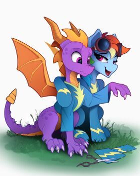 1boy 1girl animal arm_around_shoulder blue_fur blue_shirt clothed_animal colored_skin crossover dragon_tail dragon_wings goggles goggles_on_head grass highres looking_at_another multicolored_hair my_little_pony my_little_pony:_friendship_is_magic no_humans on_grass open_mouth pegasus purple_eyes purple_skin rainbow_dash rainbow_hair scissors shirt spyro_(series) spyro_the_dragon tail wings yakovlev-vad
