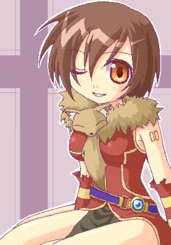 1girl breasts brown_hair female_focus fur jewelry lowres meiko_(vocaloid) oekaki one_eye_closed professor professor_(ragnarok_online) ragnarok_online shirokuro_(lapinnoir) short_hair smile solo tattoo vocaloid wink