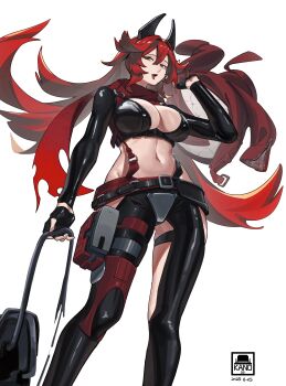 1girl absurdres artist_logo black_gloves black_jacket black_pants breasts cleavage clothing_cutout commentary cropped_jacket crotch_plate dated double-parted_bangs fingerless_gloves floating_hair gloves goddess_of_victory:_nikke groin hair_between_eyes hair_flaps hand_up highres hip_vent holding holding_unworn_clothes holding_unworn_jacket horns jacket kano33 large_breasts leather leather_jacket leather_pants leg_cutout logo long_hair long_sleeves mechanical_horns midriff navel open_mouth pants pouch red_hair red_hood_(nikke) red_jacket red_scarf scarf sidelocks skindentation solo standing stomach suspenders teeth thigh_pouch tongue tongue_out torn_clothes torn_scarf unworn_jacket unzipped upper_teeth_only very_long_hair yellow_eyes zipper