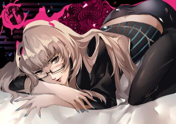 1girl absurdres bed_sheet belt black_pants black_shirt blue_nails brown_eyes brown_hair catherine_(game) chain_belt copyright_logo glasses heart highres katherine_mcbride lipstick logo long_hair looking_at_viewer makeup mars_symbol pants pertex_777 semi-rimless_eyewear shirt solo top-down_bottom-up under-rim_eyewear venus_symbol