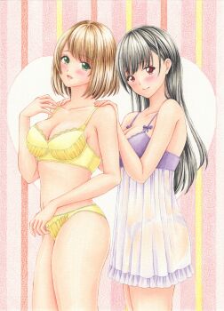 2girls absurdres black_hair blush bra breasts brown_hair closed_mouth collarbone commentary_request green_eyes hand_up hands_on_another&#039;s_shoulders heart heart_background highres large_breasts lingerie long_hair looking_at_viewer marker_(medium) midori_(mira567) multiple_girls navel negligee original panties parted_bangs parted_lips purple_negligee purple_panties red_eyes see-through_clothes short_hair smile standing striped_background traditional_media underwear underwear_only vertical-striped_background wispy_bangs yellow_bra yellow_panties