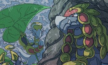 armor claws closed_mouth cloud cloudy_sky dragon dragon_claw fangs gen_7_pokemon hakamo-o holding holding_leaf kommo-o leaf nintendo no_humans onamuzi_illust outdoors pokemon pokemon_(creature) pokemon_focus rain red_eyes scale_armor scales skin_fangs sky yellow_scales