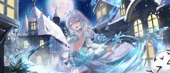 1girl ;o absurdres blue_eyes breasts chinese_commentary commentary_request detached_sleeves dress full_moon highres honkai_(series) honkai_impact_3rd kiana_kaslana kiana_kaslana_(ba-dum!_fiery_wishing_star) long_hair looking_at_viewer medium_breasts moon night night_sky one_eye_closed outdoors sideless_dress siyue sky snow snowflakes snowing snowman solo star-shaped_pupils star_(sky) star_(symbol) starry_sky symbol-shaped_pupils white_dress white_hair