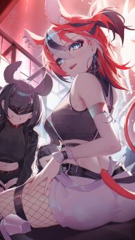 3girls absurdres animal_ear_piercing animal_ears arm_strap ass backup_dancer_(hakos_baelz) black_hair black_jacket black_shirt black_shorts black_streaks blue_eyes blunt_bangs breasts bright_pupils commentary cropped_shirt double-parted_bangs earrings extra_ears fade_(haircut) fishnet_pantyhose fishnets grin hair_between_eyes hakos_baelz hakos_baelz_(monochrome_dancer) high_heels highres hololive hololive_english hoop_earrings jacket jewelry looking_at_viewer medium_breasts medium_hair midriff mouse_ears mouse_girl mouse_tail multicolored_hair multiple_girls navel official_alternate_costume official_alternate_hairstyle one_side_up open_mouth pantyhose red_hair sharp_teeth shirt short_shorts shorts sitting sleeveless sleeveless_shirt smile streaked_hair tail teeth untranslatable_commentary virtual_youtuber white_pupils white_shorts white_streaks wrist_cuffs yoellim5