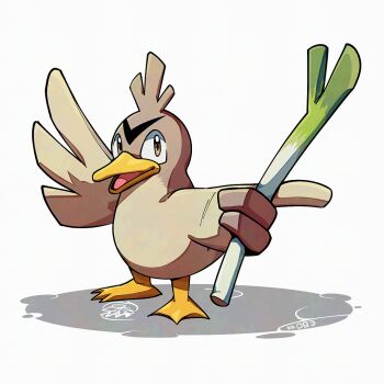 beak bird farfetch'd food gen_1_pokemon holding holding_food holding_spring_onion holding_vegetable looking_at_viewer mistray-art nintendo no_humans numbered pokemon pokemon_(creature) signature simple_background solo spring_onion vegetable white_background