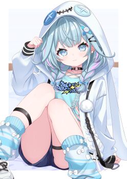 1girl absurdres black_choker blue_bow blue_eyes blue_hair blue_shirt blue_shorts blue_socks blunt_bangs blush bow bow_legwear braid choker closed_mouth collarbone commentary_request feet_out_of_frame hair_bow hair_ornament hairclip hand_up highres hololive hololive_dev_is hood hood_up hoodie legwear_garter long_hair long_sleeves looking_at_viewer mizumiya_su multicolored_hair o-ring o-ring_choker open_clothes open_hoodie parallel_hairclips pink_hair shirt shorts sitting socks solo striped_clothes striped_socks thigh_strap toketa-sekai twin_braids two-tone_hair virtual_youtuber white_bow white_hoodie