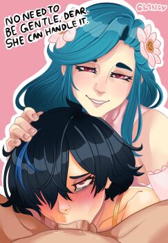 1boy 2girls age_difference assisted_fellatio black_hair blue_hair cheating_(relationship) clancy cooperative_fellatio dizzy_(guilty_gear) encouragement fellatio female_focus femdom ffm_threesome group_sex guilty_gear guilty_gear_strive hair_over_one_eye hand_on_another's_head lingerie mature_female mother_and_child mother_and_daughter multiple_girls netorare older_female_and_younger_female oral penis queen_dizzy red_eyes teamwork_(sexual) threesome underwear unika_(guilty_gear)