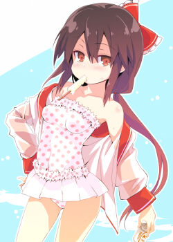 1girl alternate_costume bare_shoulders blush bow breasts brown_eyes brown_hair can commentary_request contrapposto drink_can food food_in_mouth frilled_bow frills hair_between_eyes hair_bow hakurei_reimu hand_on_own_hip holding holding_can jacket long_hair long_sleeves looking_at_viewer medium_breasts multi-source_commentary one-piece_swimsuit open_clothes open_jacket pink_one-piece_swimsuit polka_dot polka_dot_swimsuit popsicle popsicle_in_mouth red_bow solo swimsuit tororo_(toriaezu) touhou very_long_hair white_jacket